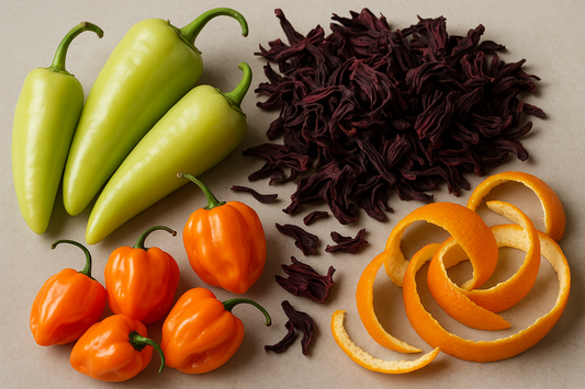 banana peppers, habaneros, dried hibiscus, orange peels, realistic