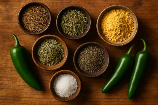 bowls of celery seed, sage, thyme, mustard powder, pepper, salt, and green jalapenos