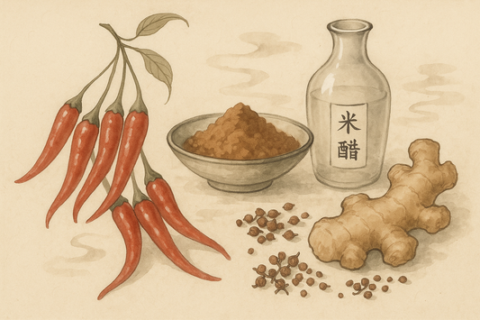 chinese art style, thai chilis, five spice powder, rice vinegar, szechuan peppercorns, ginger