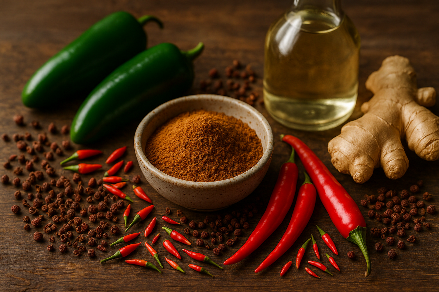 chinese five spice powder, green jalapeno, red chilis, thai chilis, sichuan peppercorns, ginger, rice vinegar