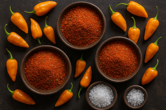 creole seasonings in bowls, datil peppers, sea salt