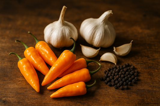 datil peppers, garlic, small pile of black pepper
