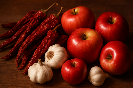 dried red chilis, apples, garlic