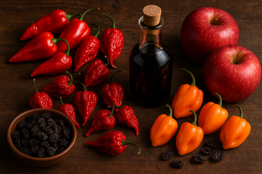 ghost pepper, habanero, scorpion pepper, apples, raisins, balsamic vinegar
