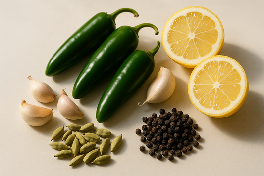 green jalapenos, cardamom pods, garlic cloves, small pile of black pepper, two lemon halves
