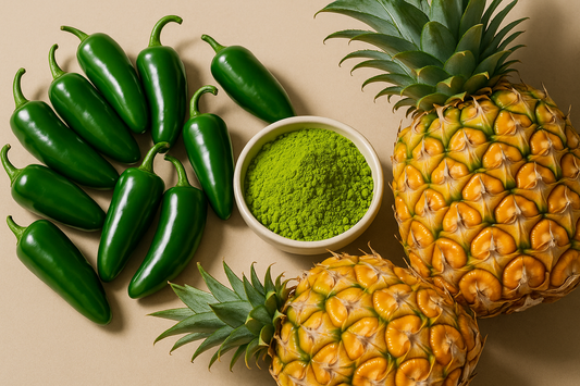 green jalapenos, matcha powder, pineapples