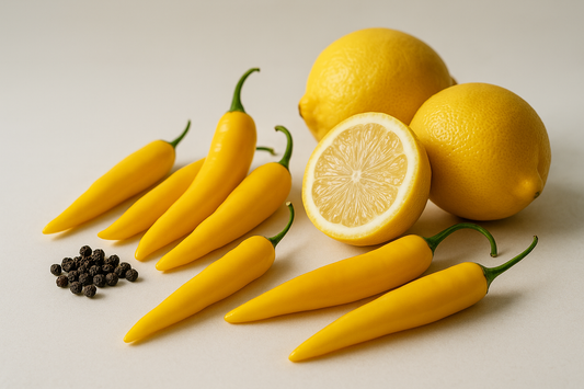 lemon aji peppers, lemon, small pile of black peppercorns