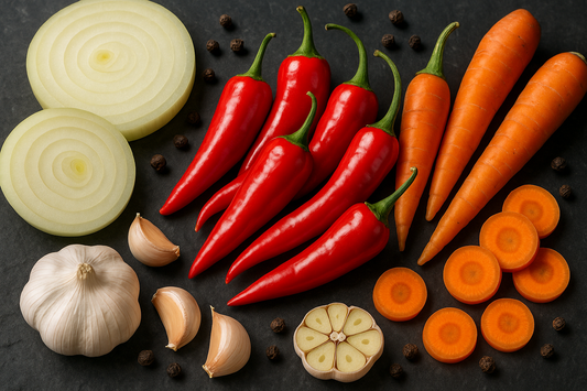 piri piri, onion, garlic, carrot, peppercorns