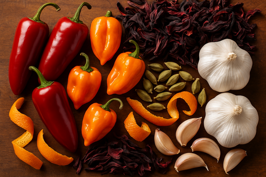 red jalapeno, habanero, hibiscus, cardamom pods, orange peel, garlic