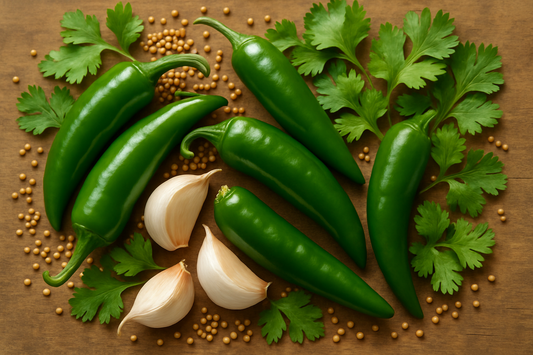 serrano peppers, mustard seeds, garlic cloves, coriander