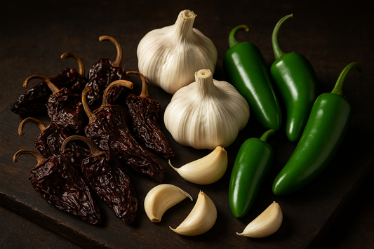 smoky, morita peppers, green jalapenos, garlic cloves