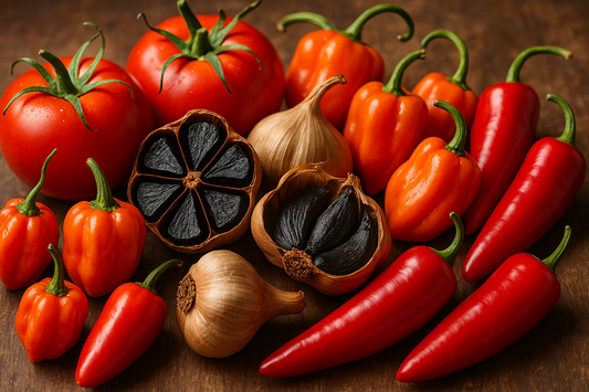 tomatoes, black garlic, habanero, red jalapeno